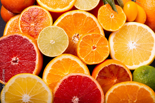 Sliced citrus fruits in the foreground