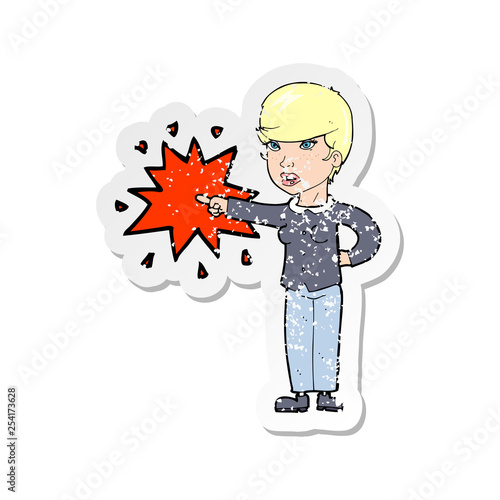 retro distressed sticker of a cartoon woman accusing