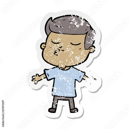distressed sticker of a cartoon model guy pouting