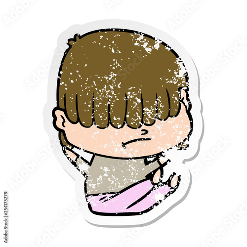 distressed sticker of a cartoon boy with untidy hair