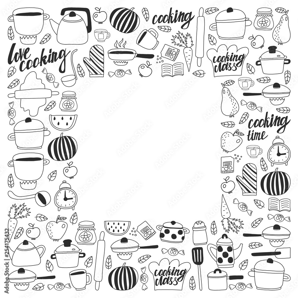Vector set of children's kitchen and cooking drawings icons in doodle style. Painted, black monochrome, pictures on a piece of paper on white background. Vector set of children's kitchen and cooking drawings icons in doodle style. Painted, black monochrome, pictures on a piece of paper on white background.