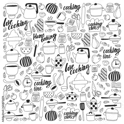 Vector set of children s kitchen and cooking drawings icons in doodle style. Painted  black monochrome  pictures on a piece of paper on white background.
