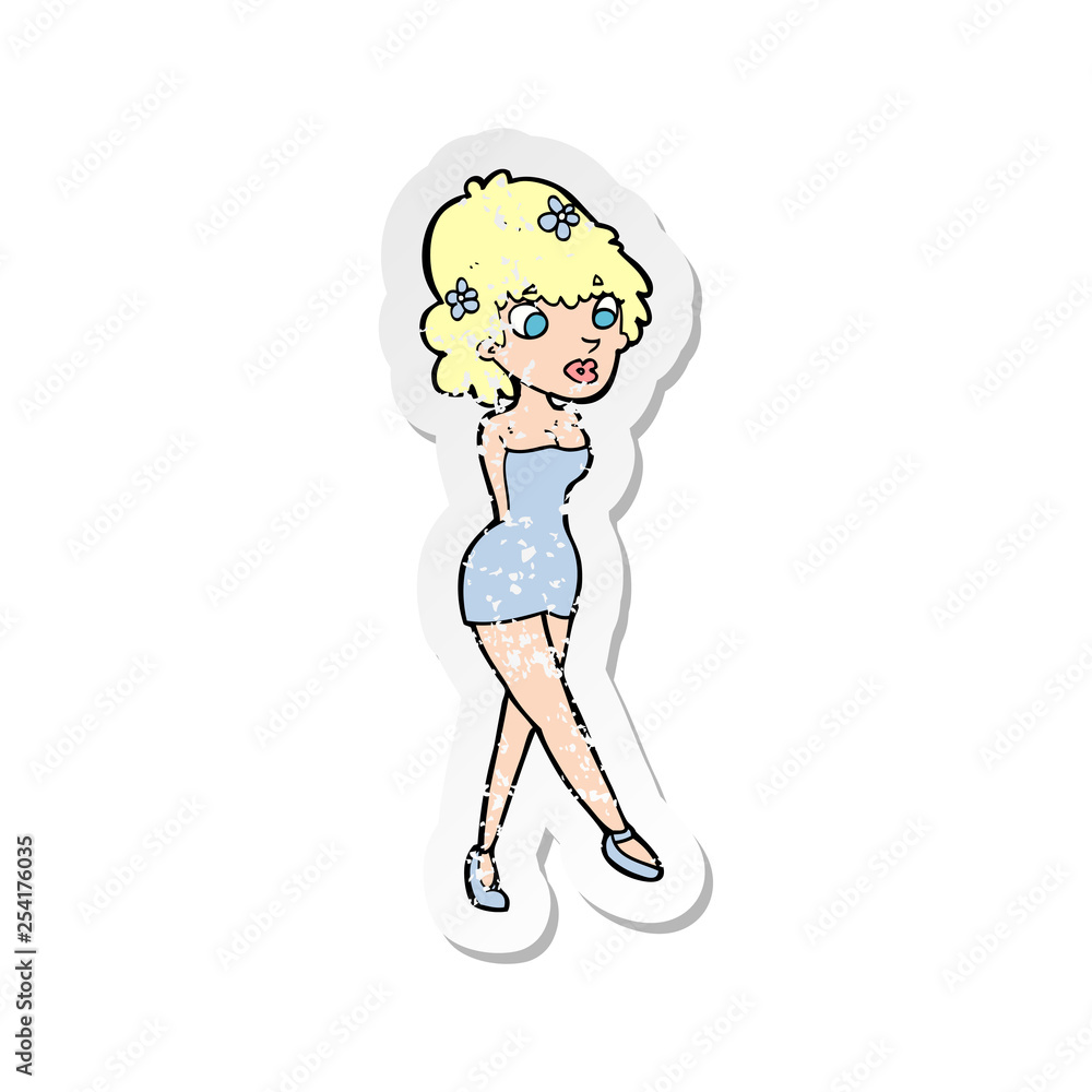 retro distressed sticker of a cartoon woman posing in dress retro distressed sticker of a cartoon woman posing in dress