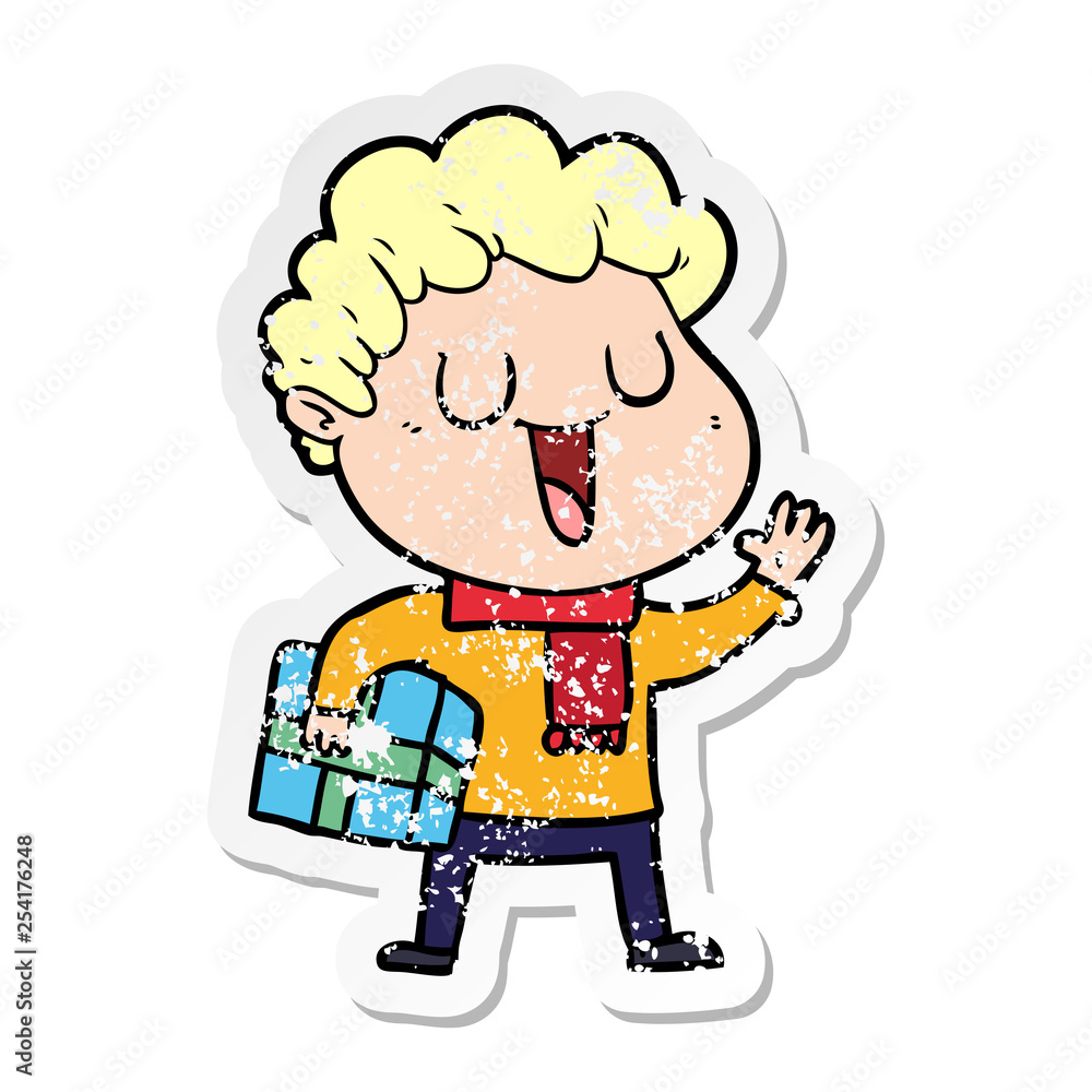 distressed sticker of a laughing cartoon man with present distressed sticker of a laughing cartoon man with present