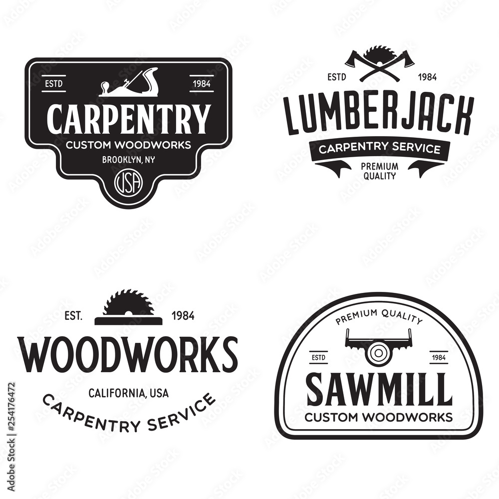 Fototapeta premium Woodwork badges. Set of carpentry, woodworkers, lumberjack, sawmill service monochrome vector labels, emblems and logos.