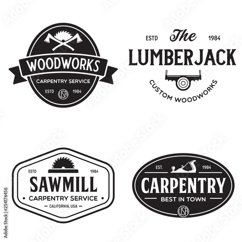 Woodwork badges. Set of carpentry, woodworkers, lumberjack, sawmill service monochrome vector labels, emblems and logos.