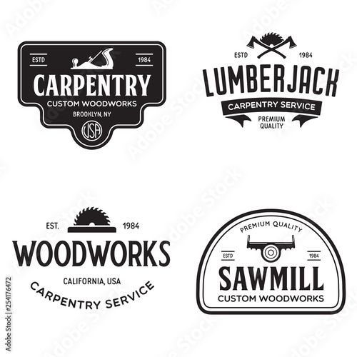 Woodwork badges. Set of carpentry, woodworkers, lumberjack, sawmill service monochrome vector labels, emblems and logos.