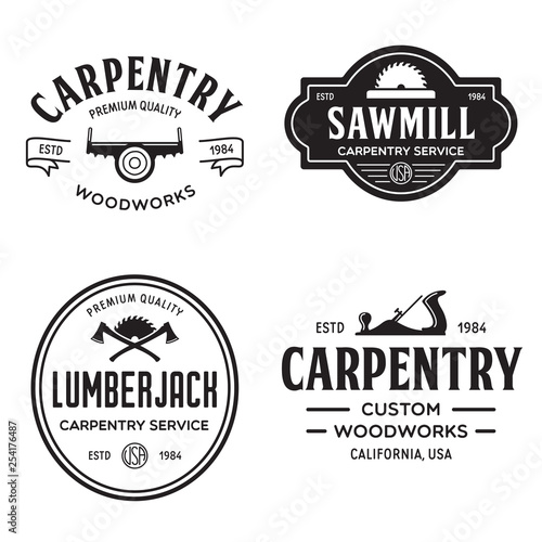 Woodwork badges. Set of carpentry, woodworkers, lumberjack, sawmill service monochrome vector labels, emblems and logos.