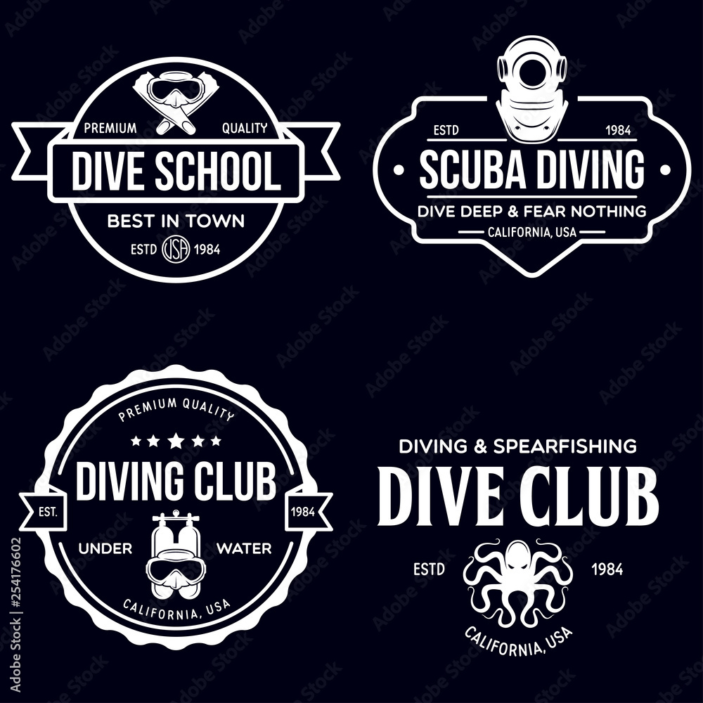 Fototapeta premium Set of Scuba diving club and diving school design. Concept for shirt or logo, print, stamp or tee. Vintage typography design with diving gear silhouette