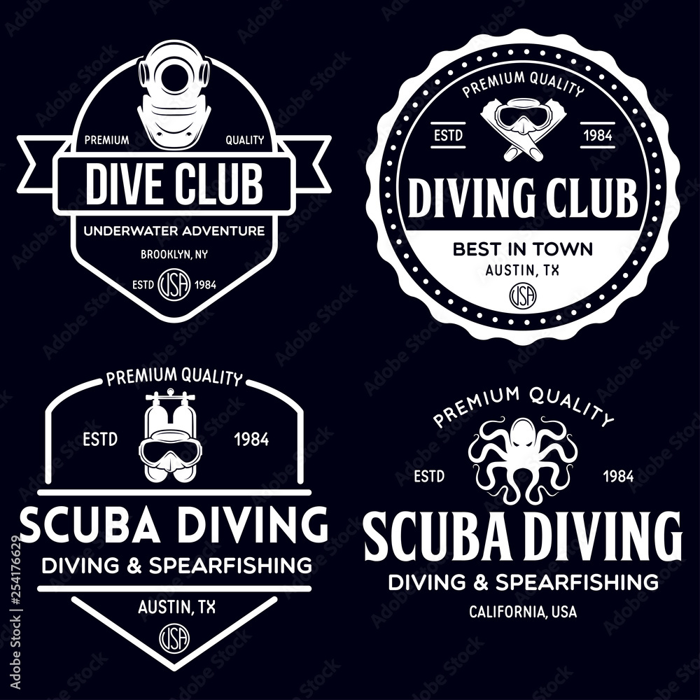 Fototapeta premium Set of Scuba diving club and diving school design. Concept for shirt or logo, print, stamp or tee. Vintage typography design with diving gear silhouette
