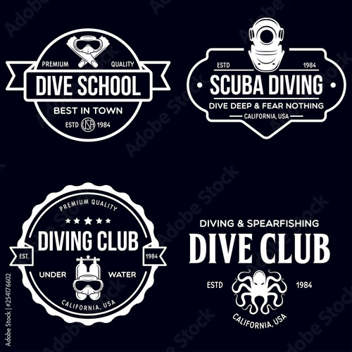 Set of Scuba diving club and diving school design. Concept for shirt or logo, print, stamp or tee. Vintage typography design with diving gear silhouette