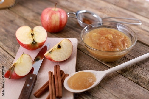 Wallpaper Mural homemade apple jam, with fresh apples and spices with wooden spoon on wooden rustic table Torontodigital.ca