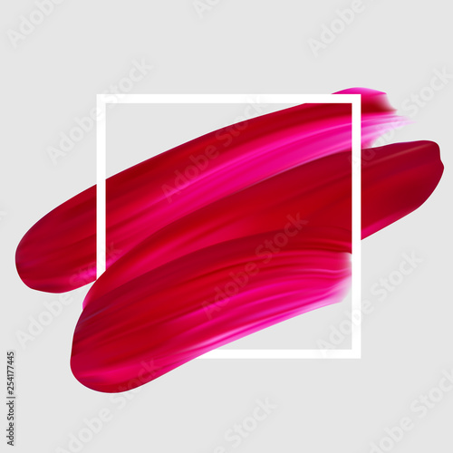 Pink vector lipstick smear. Female girly logo. Paint brush stroke in frame, banner template.