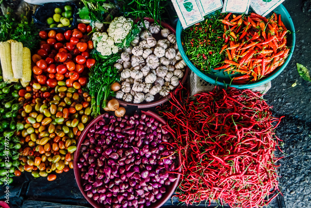Colorful street food market in Indonesia