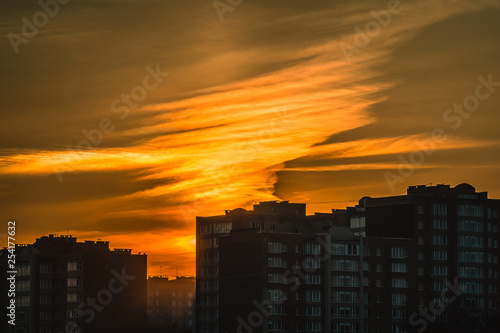 Sunset over the apartment buildings in Ukraine