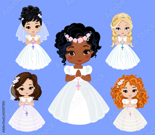Set of design elements for First Communion for girls. Vector illustration for religious holidays.