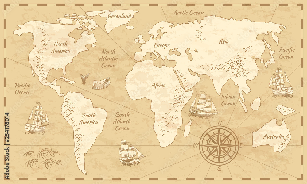 Vintage world map. Ancient world antiquity paper map with continents ocean sea old sailing vector globe background