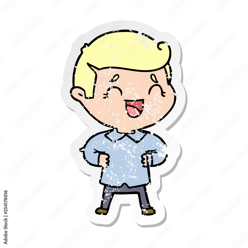 distressed sticker of a cartoon laughing man distressed sticker of a cartoon laughing man