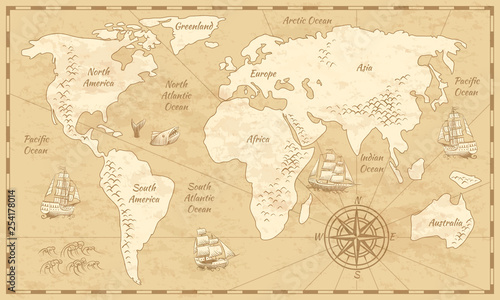 Vintage world map. Ancient world antiquity paper map with continents ocean sea old sailing vector globe background