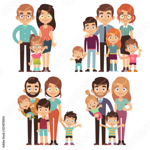 Happy family. Families mother father kid brother sister traditional relationship generation society flat character set