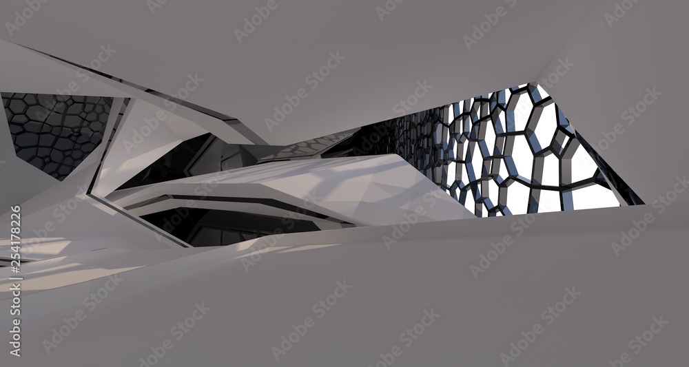 Abstract white and black interior multilevel public space with window. 3D illustration and rendering. Abstract white and black interior multilevel public space with window. 3D illustration and rendering.