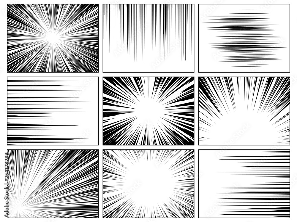 Radial comics lines. Comic book speed horizontal line cover speed texture  action ray explosion hero drawing cartoon set Stock Vector