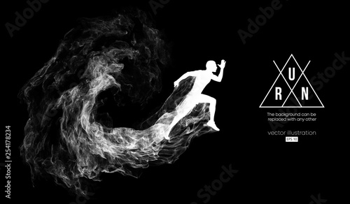 Abstract silhouette of a running athlete man on the dark, black background from particles, dust, smoke. Athlete runs sprint and marathon. Background can be changed to any other. Vector illustration