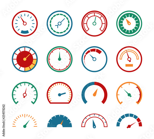 Meter set. Measuring instruments control fuel speedometer pressure barometer dial benchmark tachometer gauge speed icons