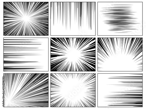 Radial comics lines. Comic book speed horizontal line cover speed texture action ray explosion hero drawing cartoon set photo