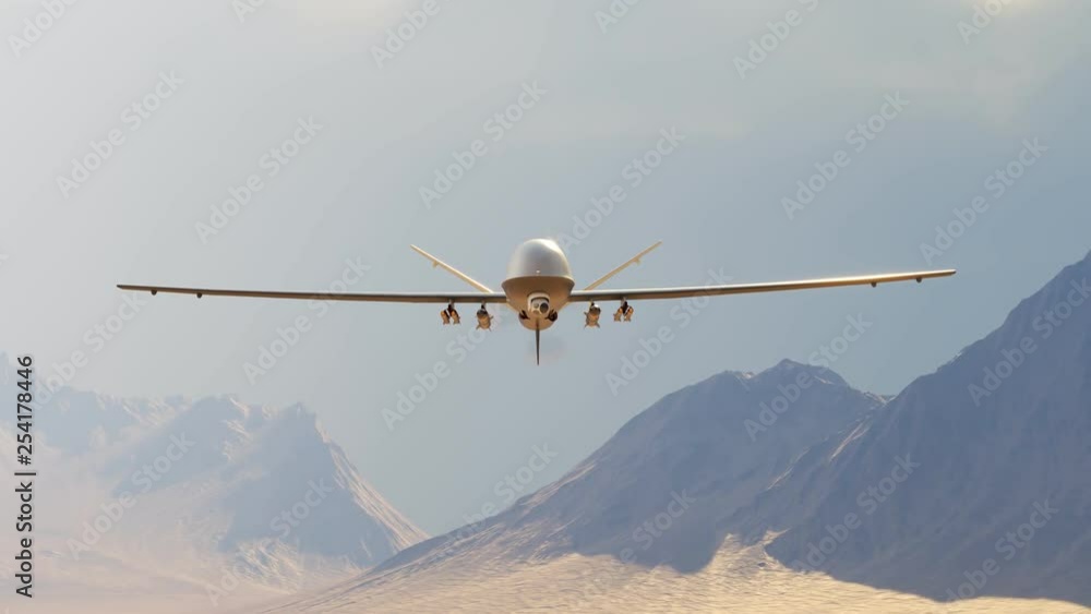 Armed military drone (UAV) flying smoothly over a vast desert shooting missiles.