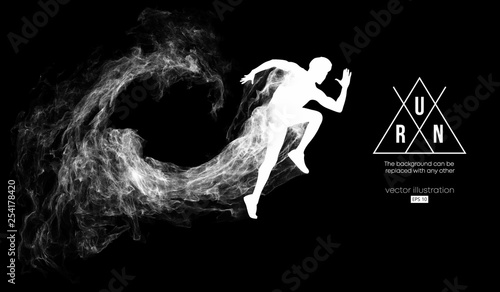 Abstract silhouette of a running athlete man on the dark, black background from particles, dust, smoke. Athlete runs sprint and marathon. Background can be changed to any other. Vector illustration