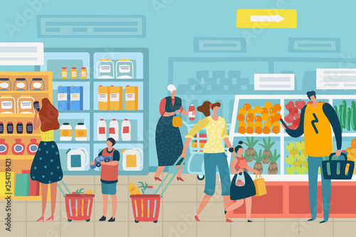 People in store. Customer choose food supermarket family cart shopping product assortment grocery store interior concept
