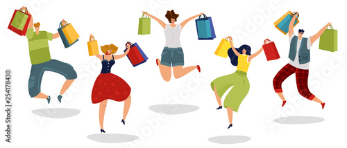 Jumping shopping people. Happy customers with gift bags supermarket men women shoppers in jump vector isolated concept