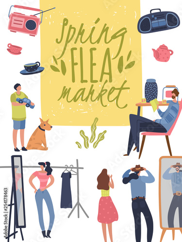 Flea market poster. Fashionable shopping second hand stylish goods clothes swap meet bazaar. Fleas market background