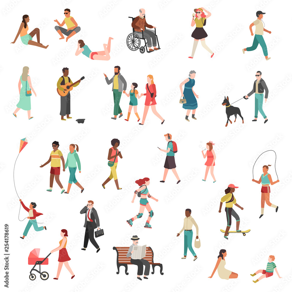 Walking flat people. Character person standing talking running woman man girl city street children dogs bicycles cartoon
