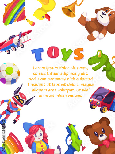 Kids toys poster. Kid toy brochure cover design pyramid piano rattle car rabbit duck, flat vector template