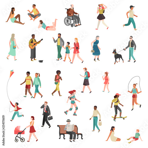 Walking flat people. Character person standing talking running woman man girl city street children dogs bicycles cartoon