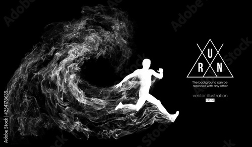 Abstract silhouette of a running athlete man on the dark, black background from particles, dust, smoke. Athlete runs sprint and marathon. Background can be changed to any other. Vector illustration
