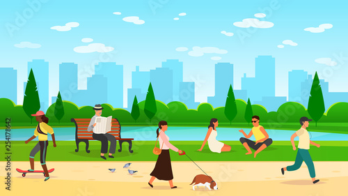 People walking park. Women men activity outdoors sport group running community fun walk nature cartoon lifestyle vector