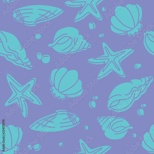 Seamless pattern of seashells and starfishes