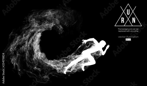 Abstract silhouette of a running athlete man on the dark, black background from particles, dust, smoke. Athlete runs sprint and marathon. Background can be changed to any other. Vector illustration