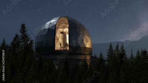 A modern astronomical observatory in a vast coniferous forest during night. 4KHD photo