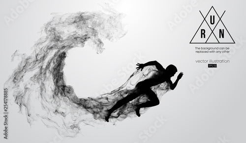 Abstract silhouette of a running athlete man on the white background from particles, dust, smoke. Athlete runs sprint and marathon. Background can be changed to any other. Vector illustration photo