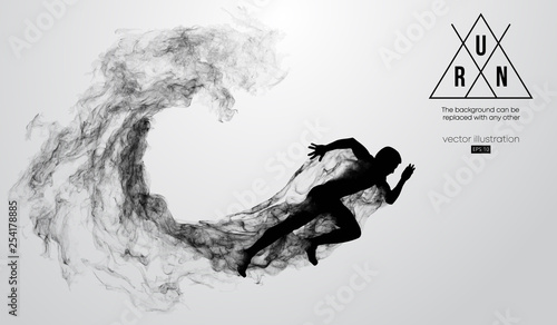 Abstract silhouette of a running athlete man on the white background from particles, dust, smoke. Athlete runs sprint and marathon. Background can be changed to any other. Vector illustration