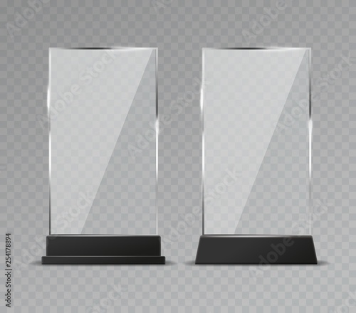 Glass table display. Office transparent glass table signs modern plastic clear stand reflection shiny plates vector