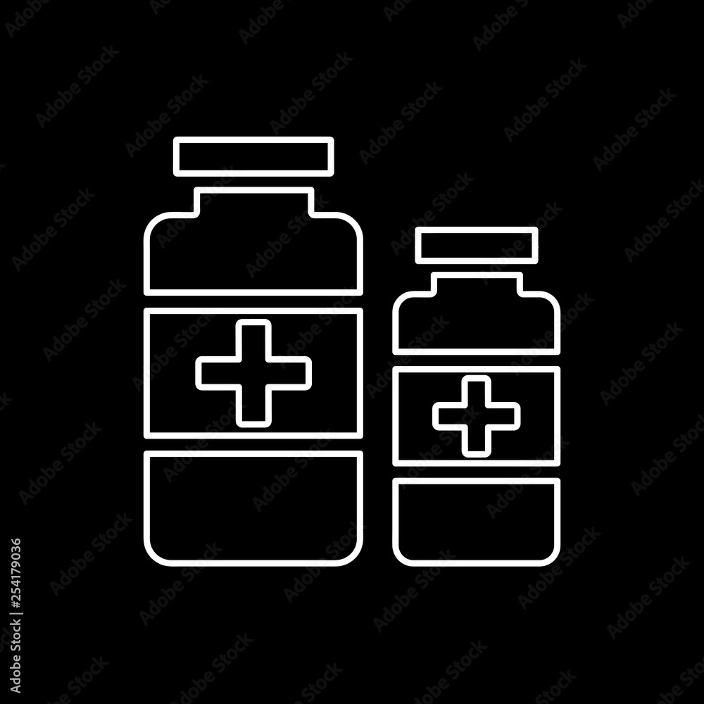 Flat line monochrome medicine bottles sign for web sites and apps. Minimal simple black and white medicine bottles sign. Isolated vector white medicine bottles sign on black background. Flat line monochrome medicine bottles sign for web sites and apps. Minimal simple black and white medicine bottles sign. Isolated vector white medicine bottles sign on black background.