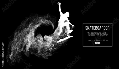 Abstract silhouette of a skateboarder on the dark black background from particles, dust, smoke. Skateboarder jumps and performs the trick. Background can be changed to any other. Vector illustration
