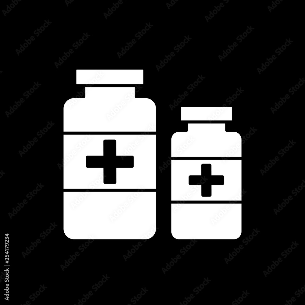 Flat monochrome medicine bottles symbol for web sites and apps. Minimal simple black and white medicine bottles symbol. Isolated vector white medicine bottles symbol on black background. Flat monochrome medicine bottles symbol for web sites and apps. Minimal simple black and white medicine bottles symbol. Isolated vector white medicine bottles symbol on black background.
