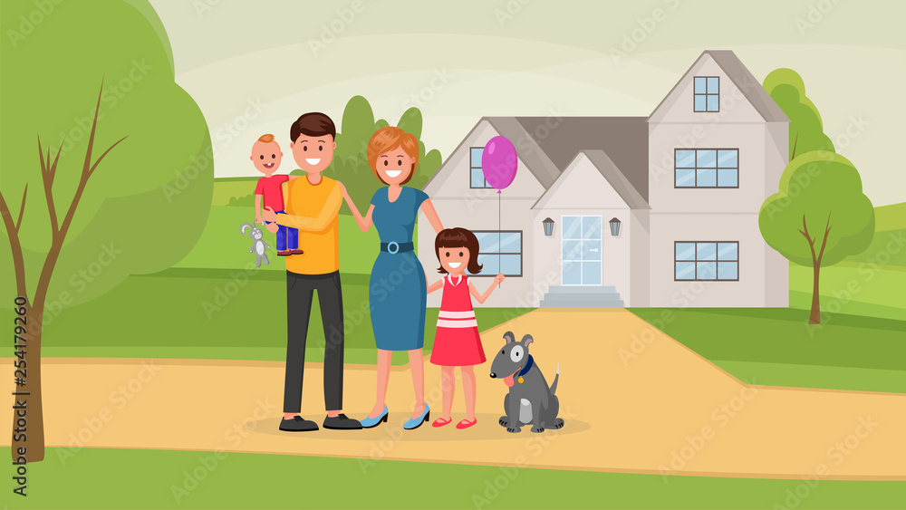 Happy family near home illustration Happy family near home illustration