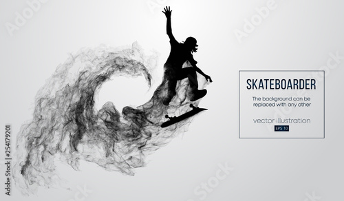 Abstract silhouette of a skateboarder on the white background from particles, dust, smoke, steam. Skateboarder jumps and performs the trick. Background can be changed to any other. Vector illustration